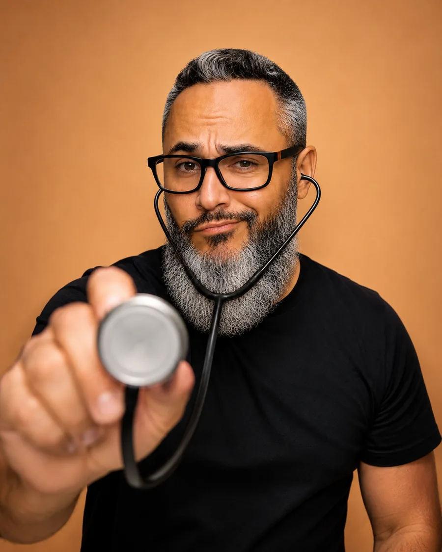 Fabio do Marketing com um estetoscópio, pronto pra diagnosticar o seu negócio